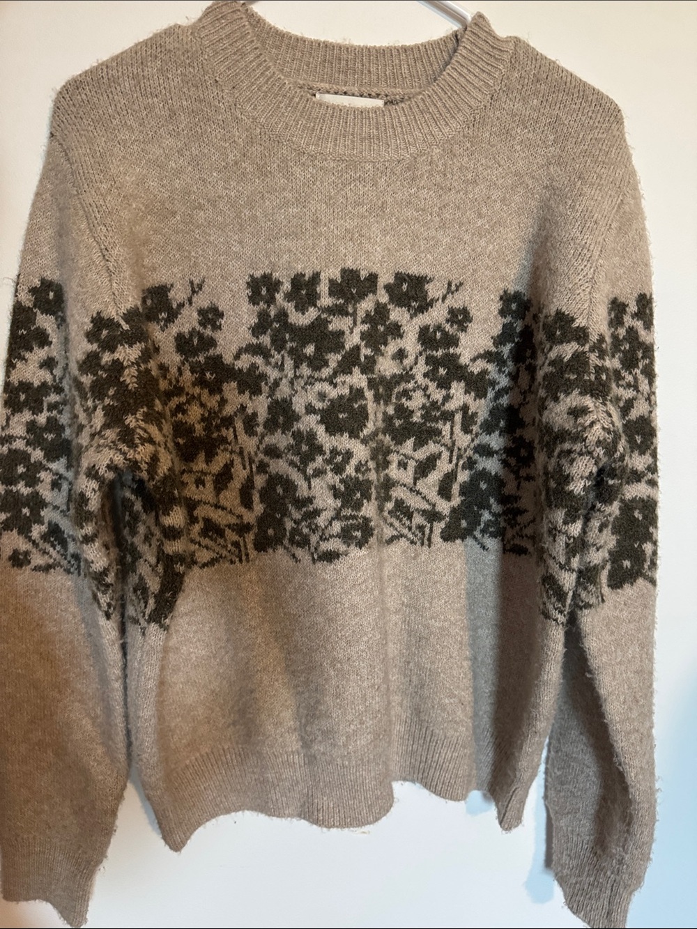 Cozy Taupe Crewneck Sweater with Dark Floral Yoke